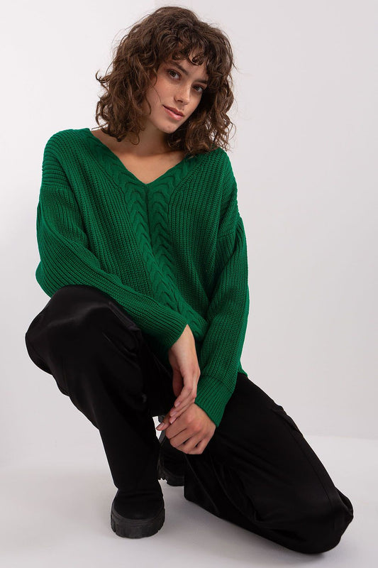 Badu Green Cable Knit V-Neck Sweater for Women -