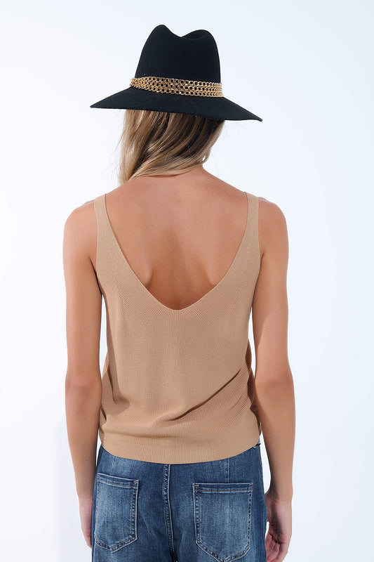 Camel Knit Buttoned Crop Top - Tops