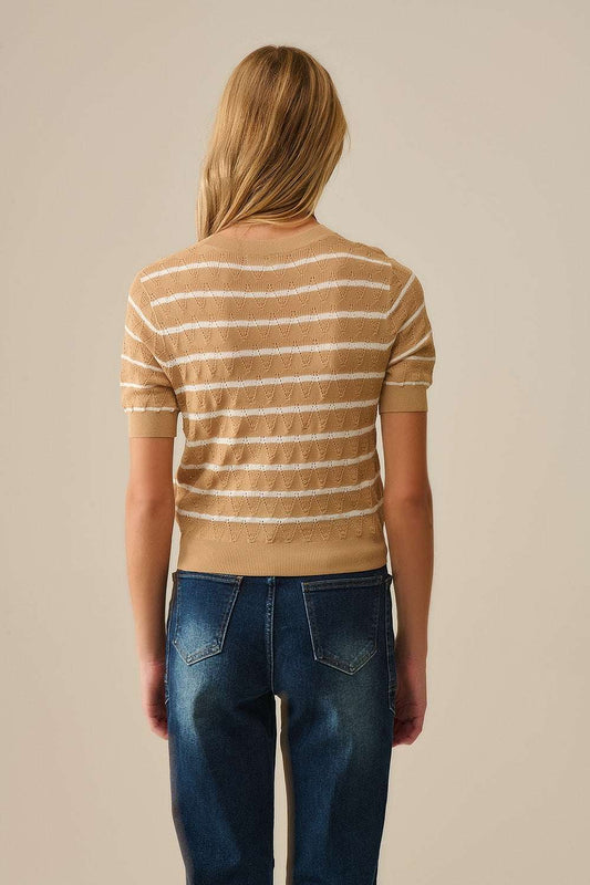 Camel Openwork Knit Top with Short Sleeves and White Stripes - Jumpers