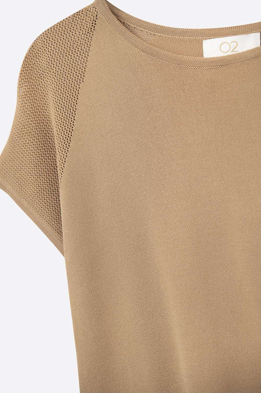 Camel Ribbed Short Sleeve Sweater with knitted mesh on the shoulder - Jumpers