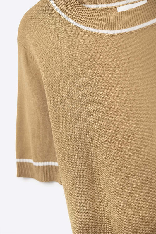 Camel Short Sleeve Knit Top with White Contrast Trims - Sweaters