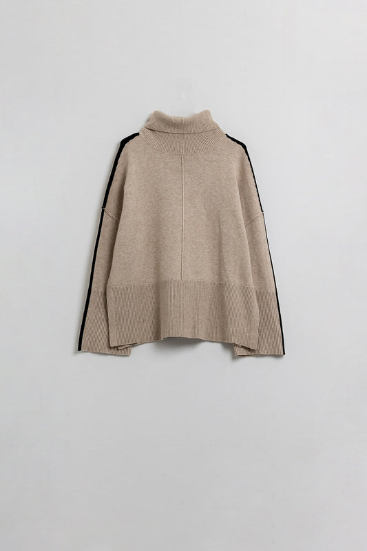 Camel turtleneck sweater with black side stripe - Jumpers