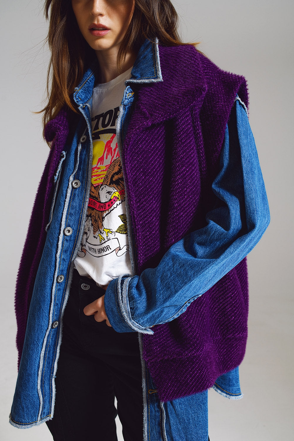 Open Herringbone Gilet with Shawl Style Collard in purple - Vests