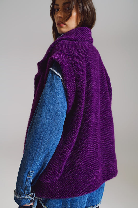 Open Herringbone Gilet with Shawl Style Collard in purple - Vests