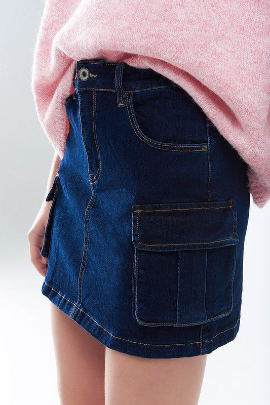 Cargo Denim Skirt in dark Wash With Contrasting Stitching - Skirts