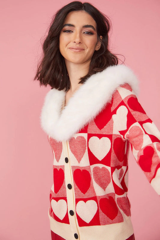 Love Heart Design Cashmere Cardigan with Fur Collar - Cardigans