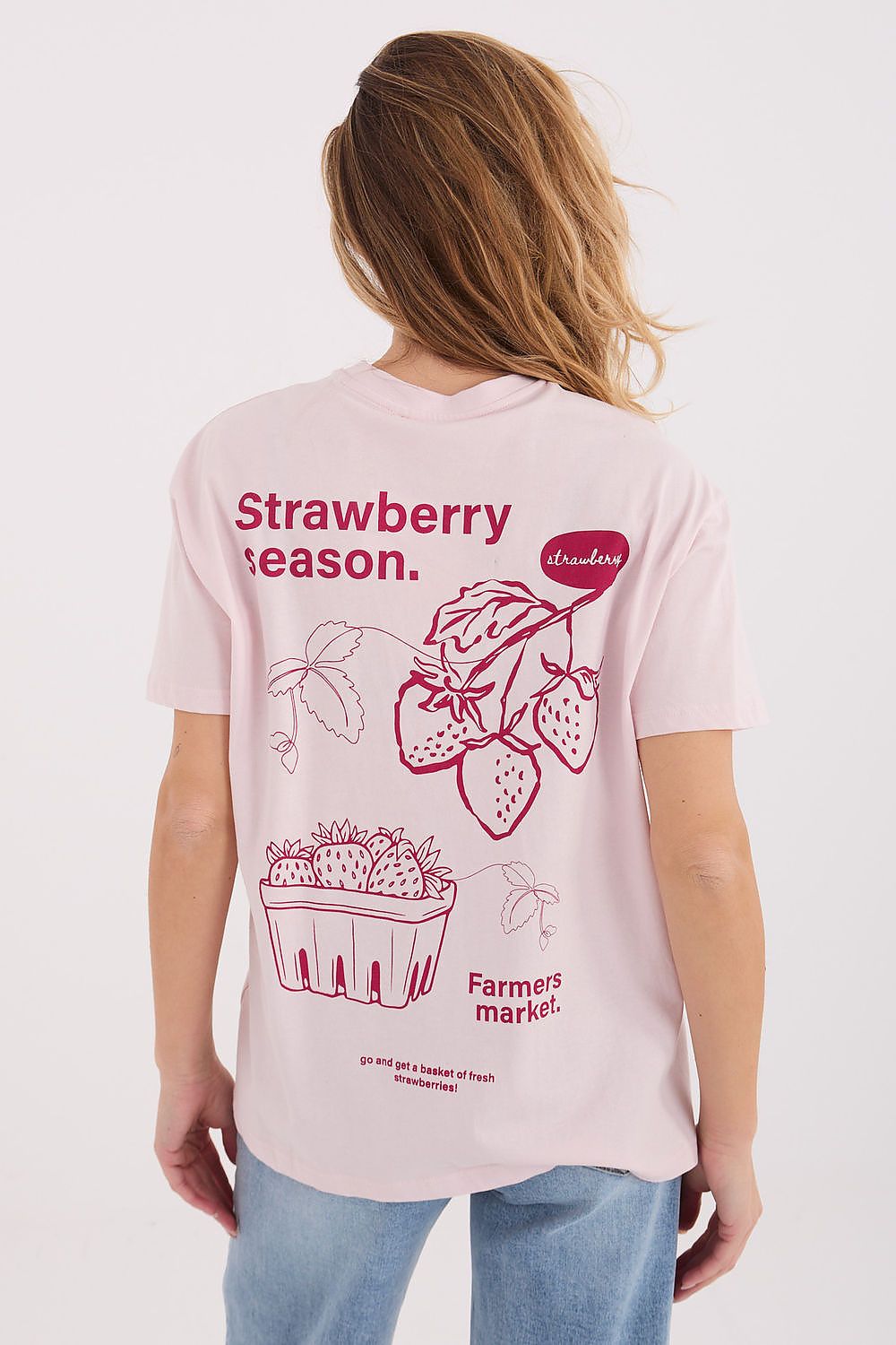 Sublevel Casual T-shirt in Light Pink with Strawberry Season Graphic Print on Back