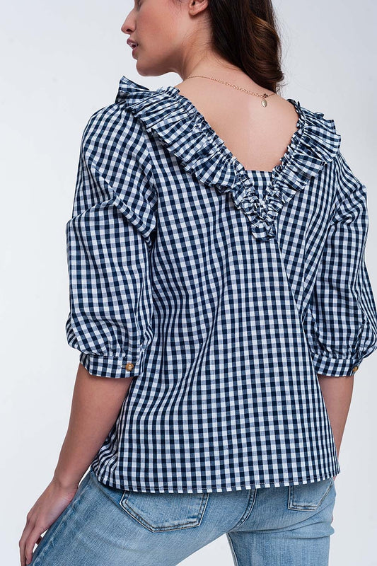 Check square neck top in navy - Tops