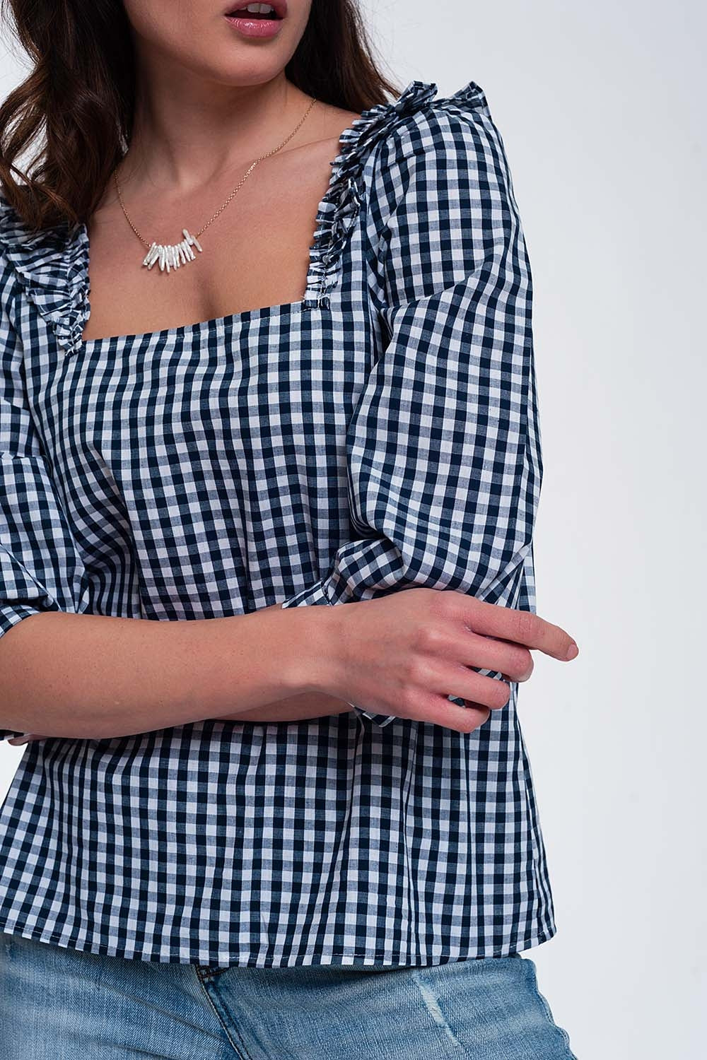 Check square neck top in navy - Tops