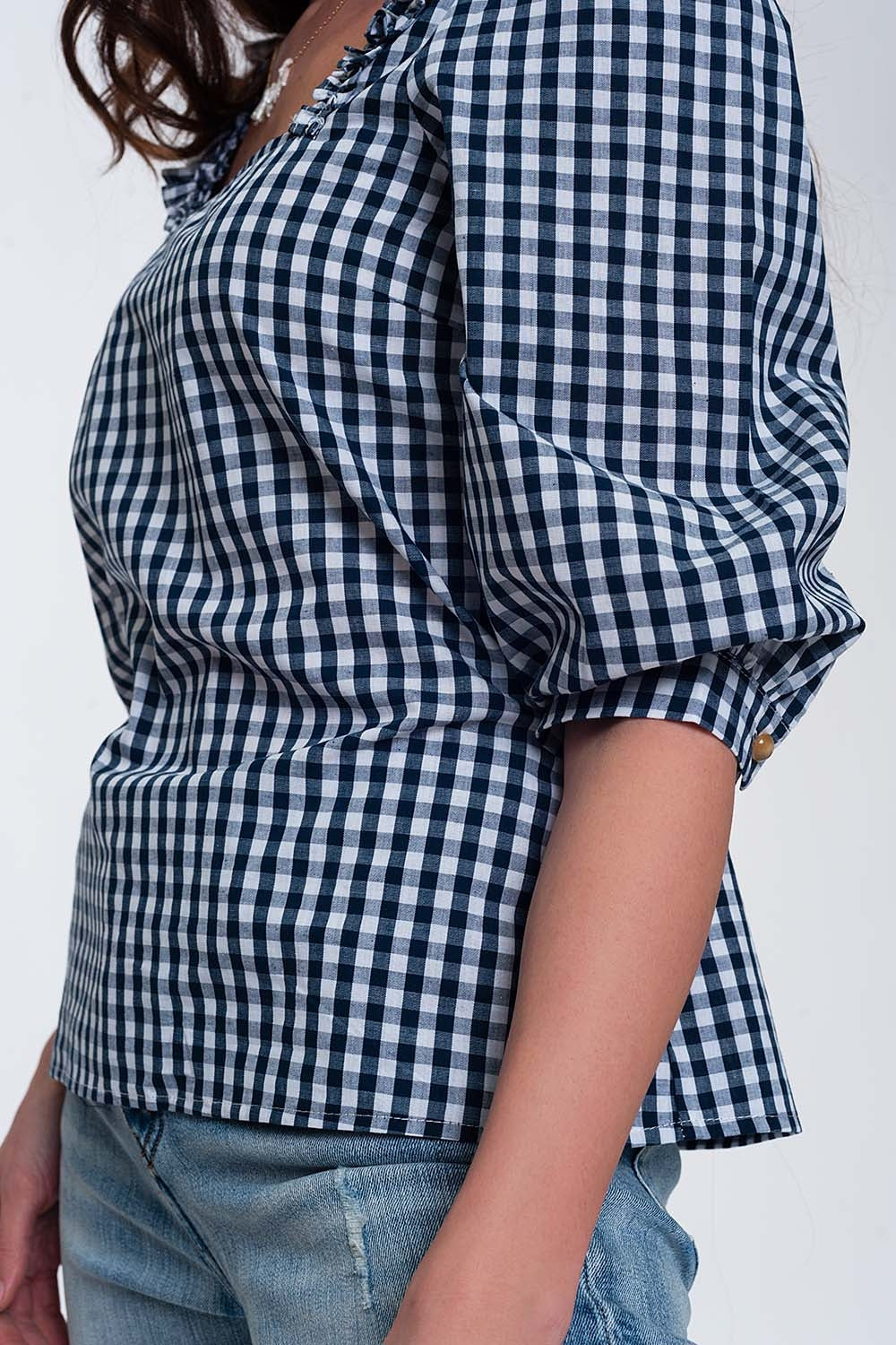 Check square neck top in navy - Tops