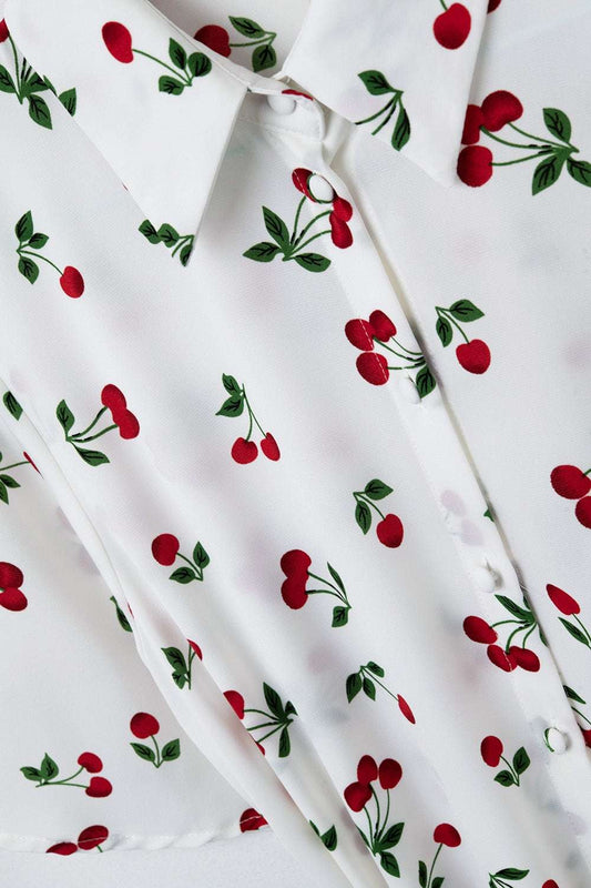 Cherry Print Short Shirt Dress - Dresses