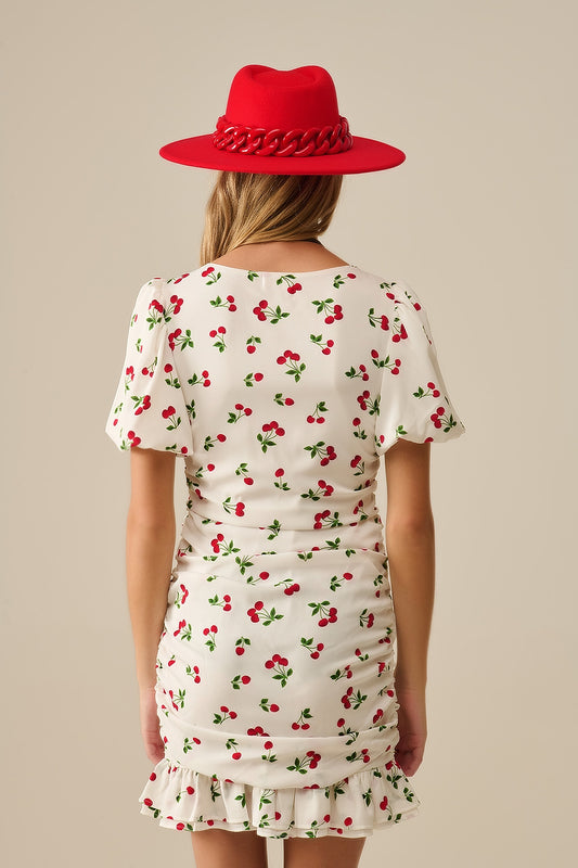 Cherry Puff Sleeve Mini Dress - Dresses