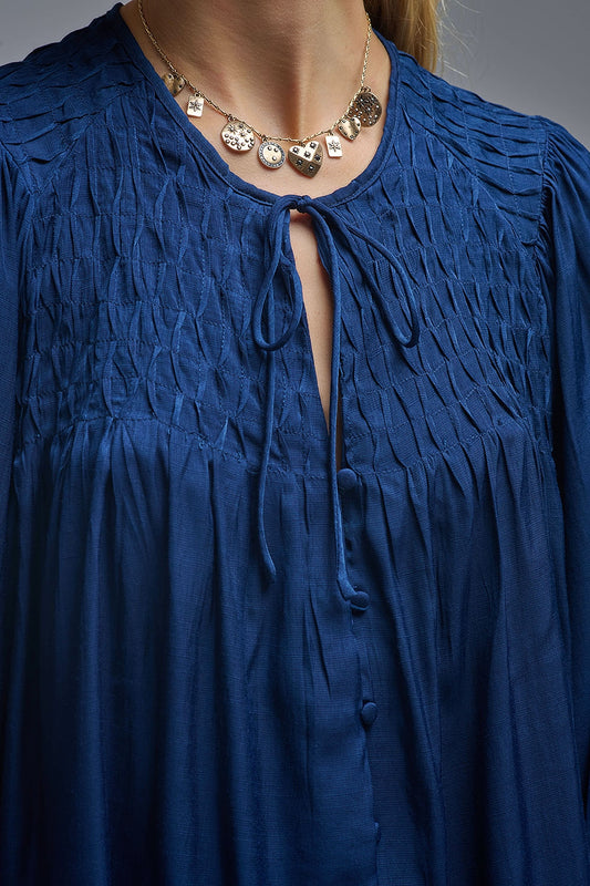 Chic Blue Satin Shirt with Lace - Tops