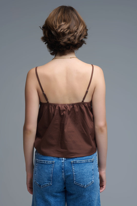 Chocolate Brown poplin crop top with bow detail - Tops