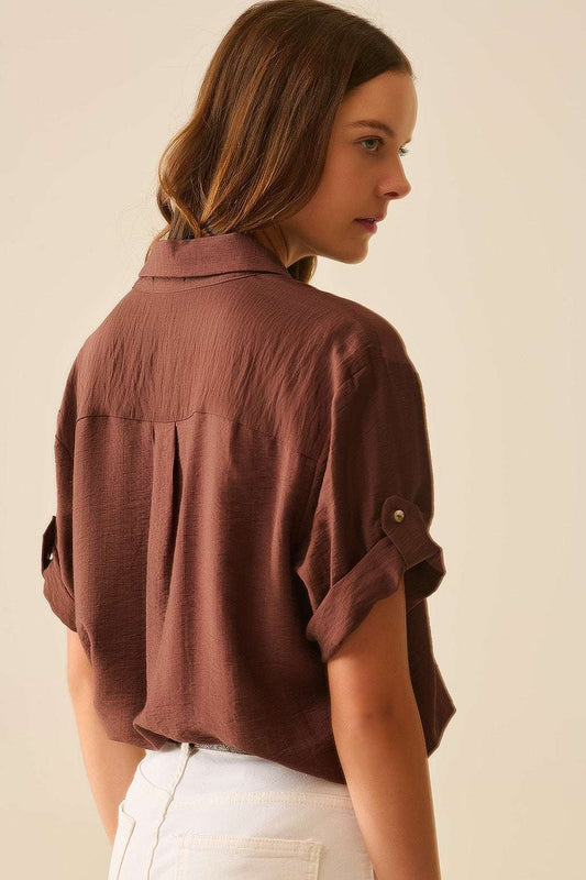 Chocolate Brown shirt with short sleeves and pleat on the sleeve - Shirts