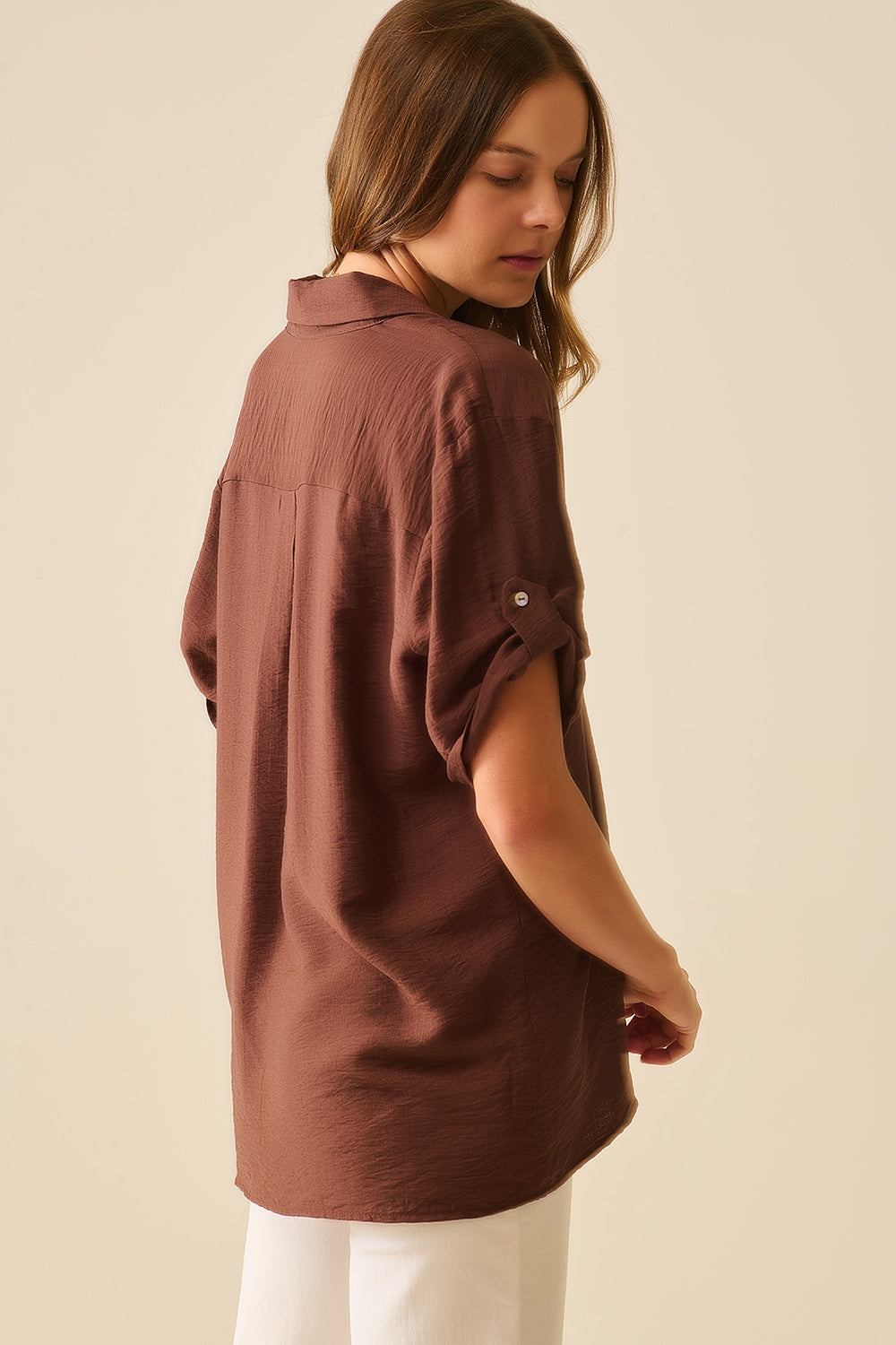 Chocolate Brown shirt with short sleeves and pleat on the sleeve - Shirts