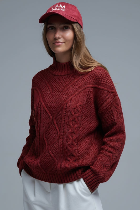 Chunky Cable Knit Maroon Pullover with Dropped Shoulder - Sweaters