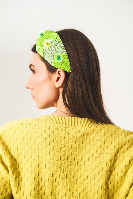 Chunky headband with embellished green flowers - Headbands