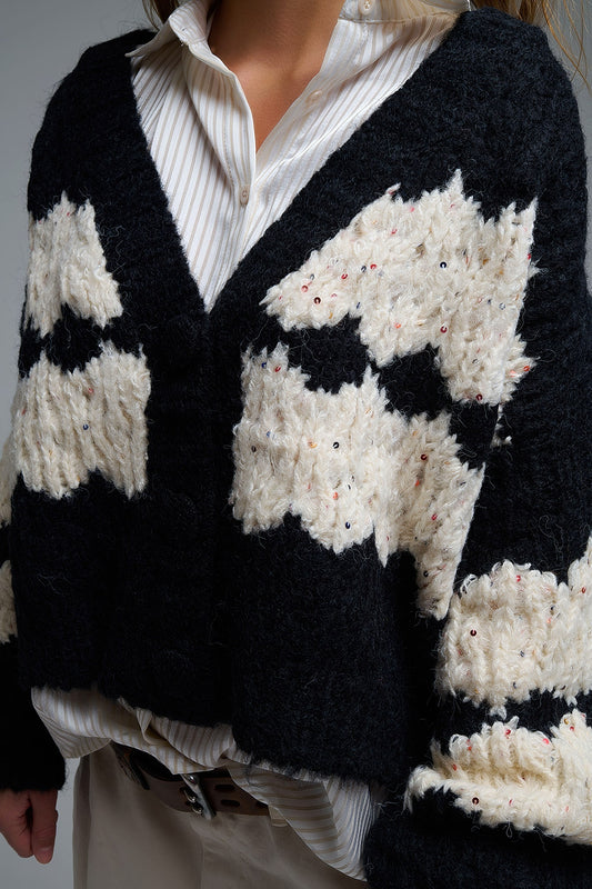 Chunky Knit Striped Cardigan With Sequin Details in Black - Coats and Jackets