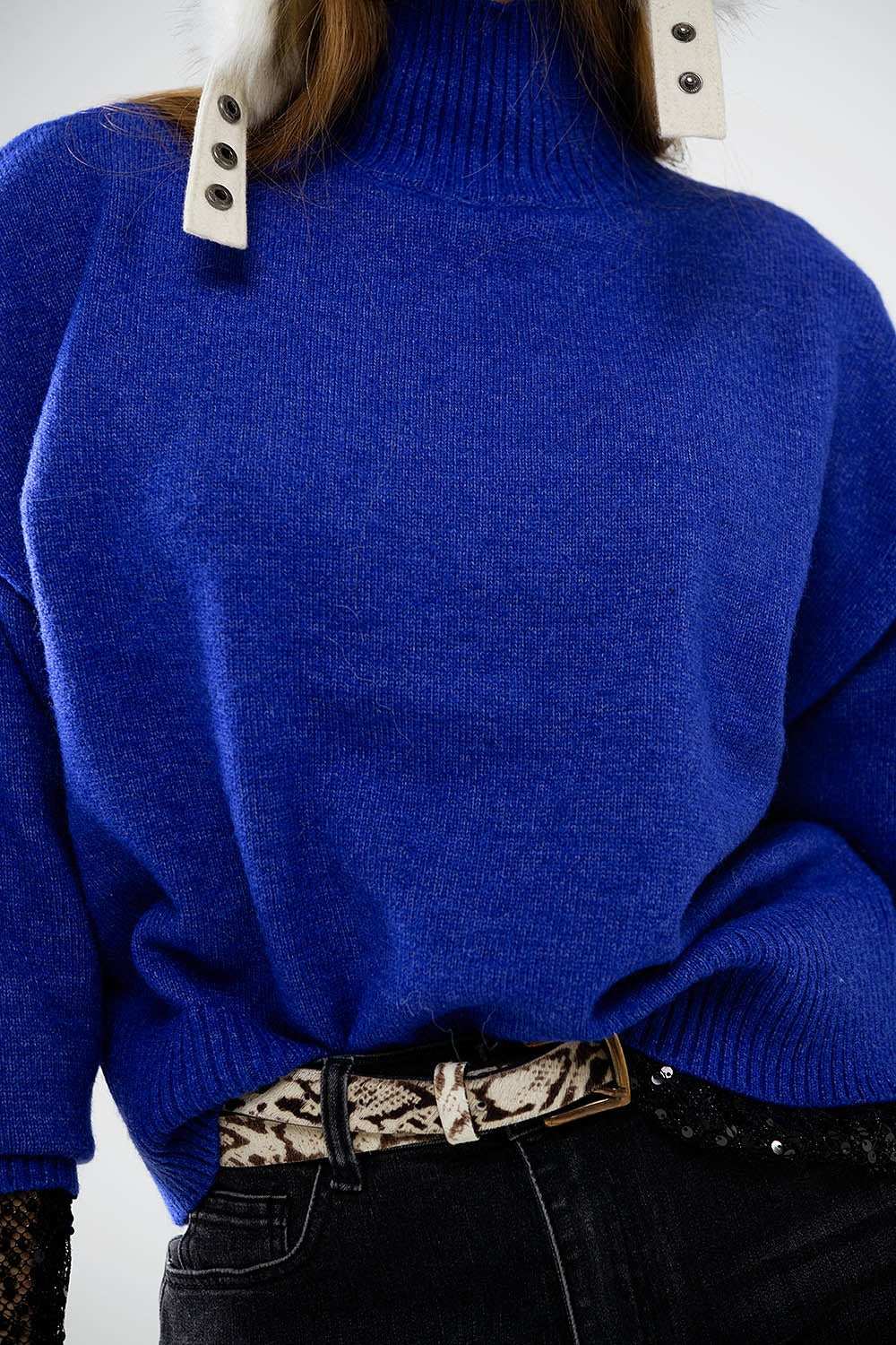 chunky knit sweater in blue with turtleneck - Jumpers