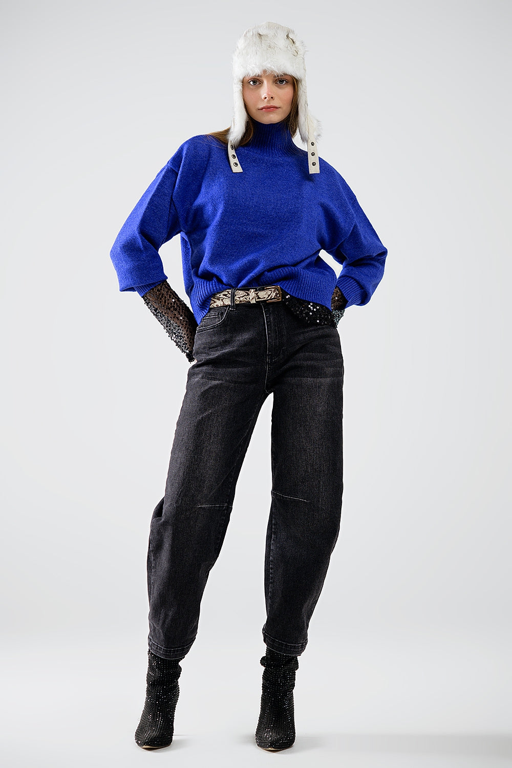 chunky knit sweater in blue with turtleneck - Jumpers