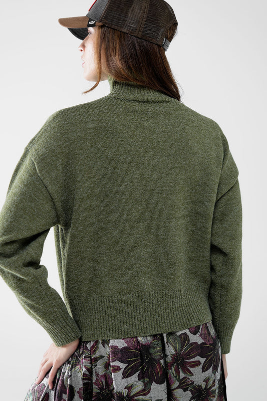chunky knit sweater in green with turtleneck - Jumpers