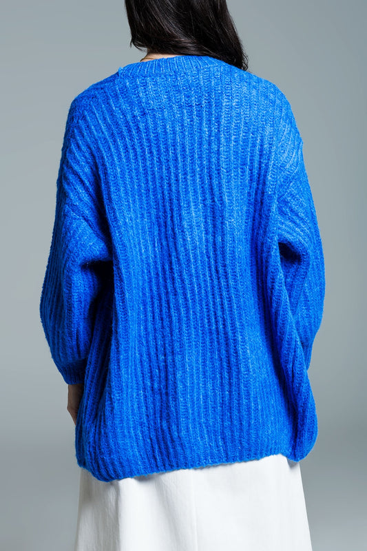 Chunky Rib Cardigan With 3/4 Sleeve in Royal Blue - Cardigans
