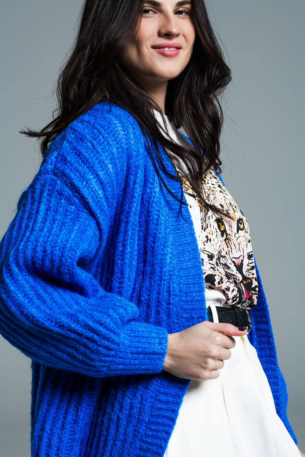 Chunky Rib Cardigan With 3/4 Sleeve in Royal Blue - Cardigans