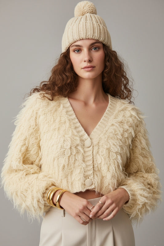 Chunky Shag Style Fluffy Knitted Cardigan in cream - Coats and Jackets