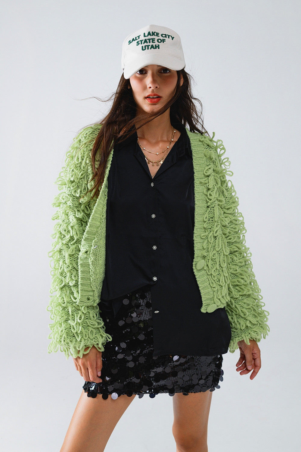 Chunky Textured Cardigan in Green with Long Fringe - Cardigans
