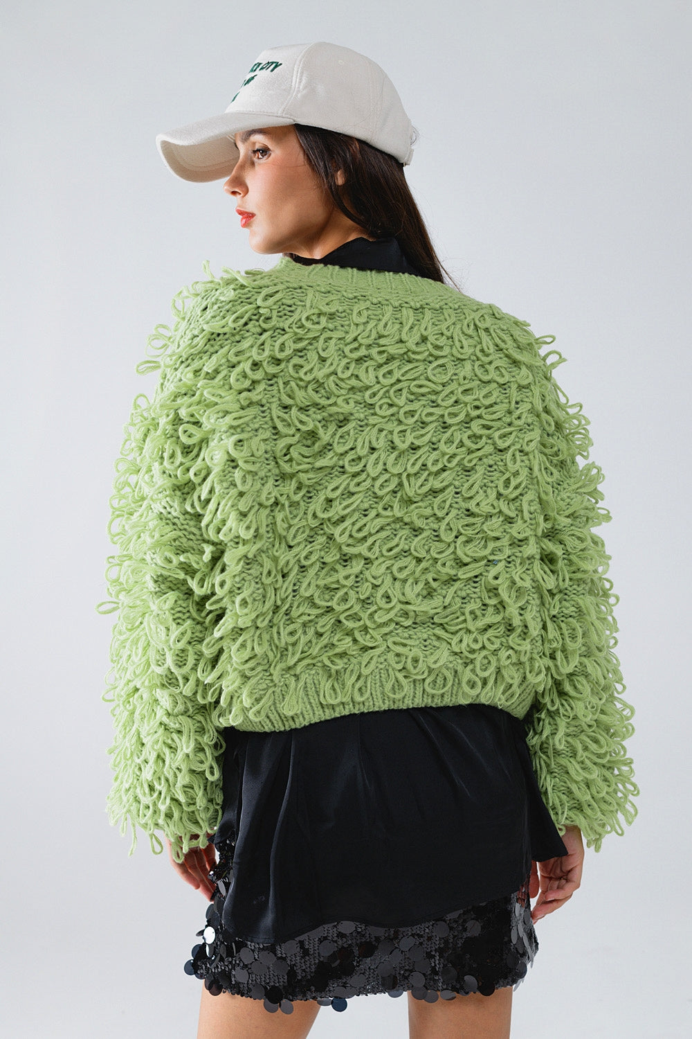 Chunky Textured Cardigan in Green with Long Fringe - Cardigans
