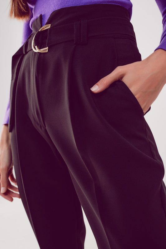 cigarette pants with paper-bag waist in black - Trousers
