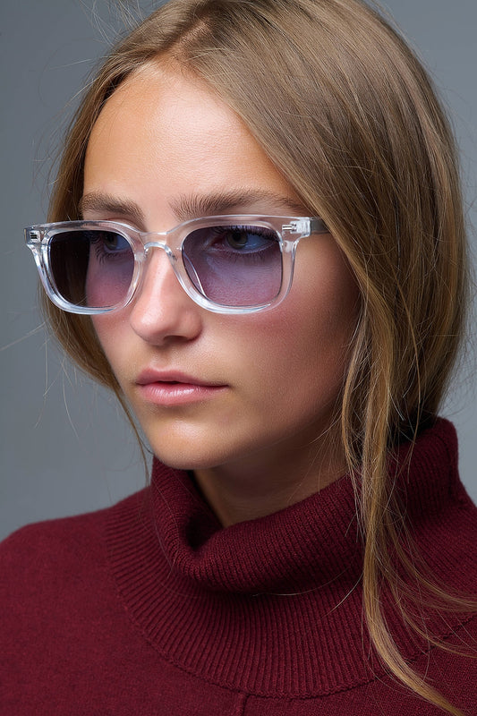 Clear Square Sunglasses with blue Gradient Lenses and metal side detail -