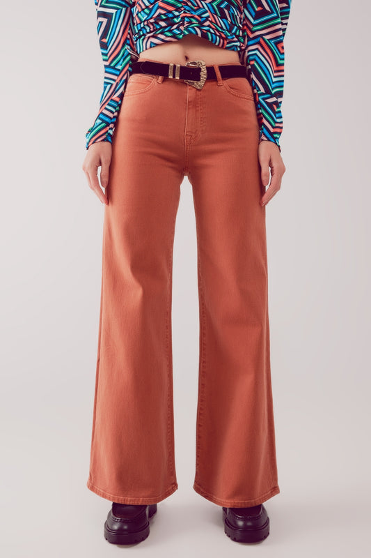 Cotton blend wide leg jeans in orange - Jeans