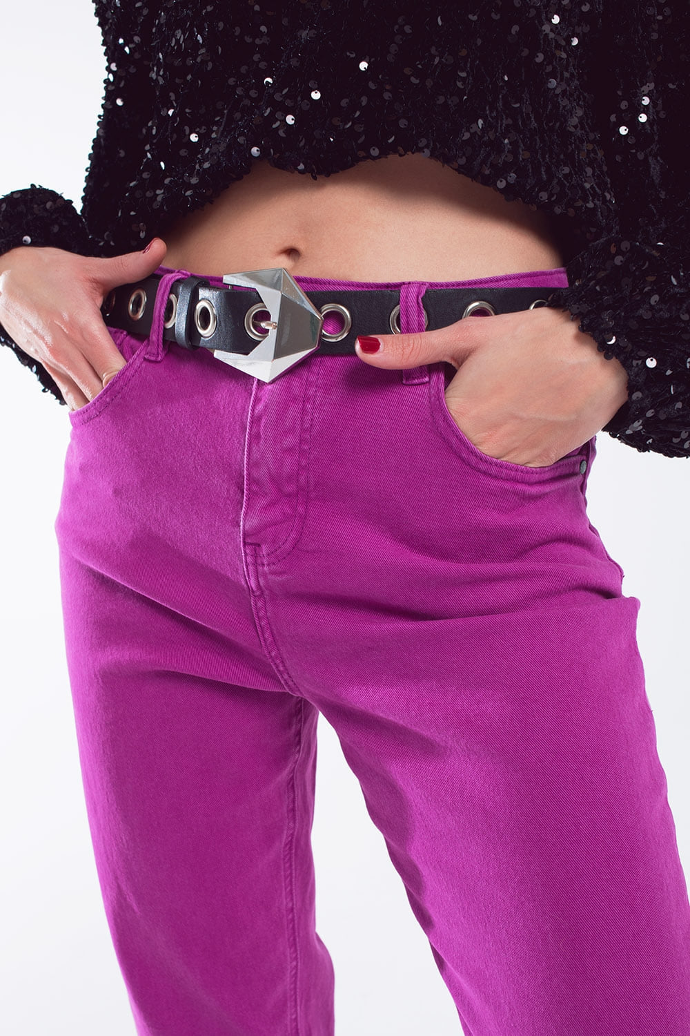 Cotton mid rise slouchy jean in Magenta - Jeans