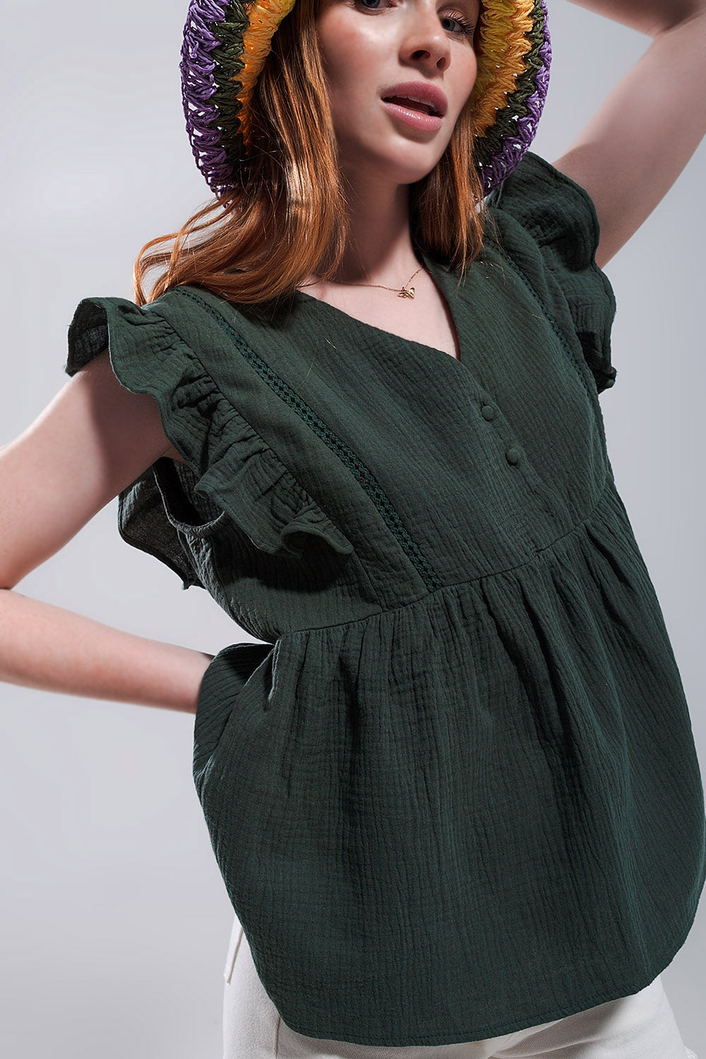 Cotton tank top with ruffle sleeves in khaki - Tank Tops