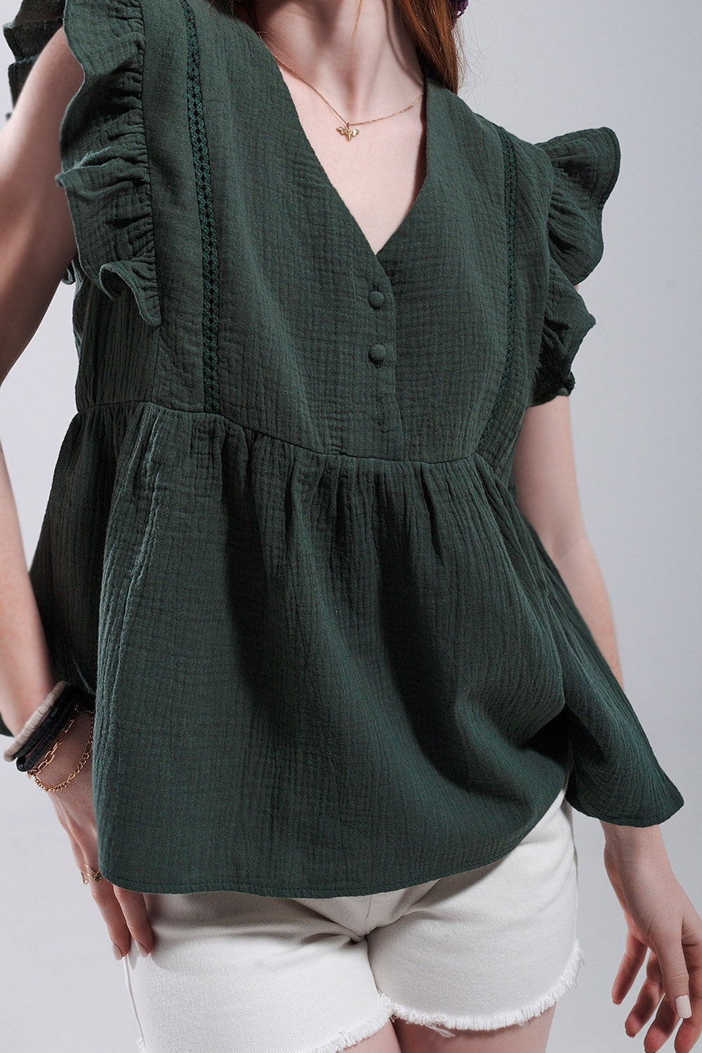 Cotton tank top with ruffle sleeves in khaki - Tank Tops
