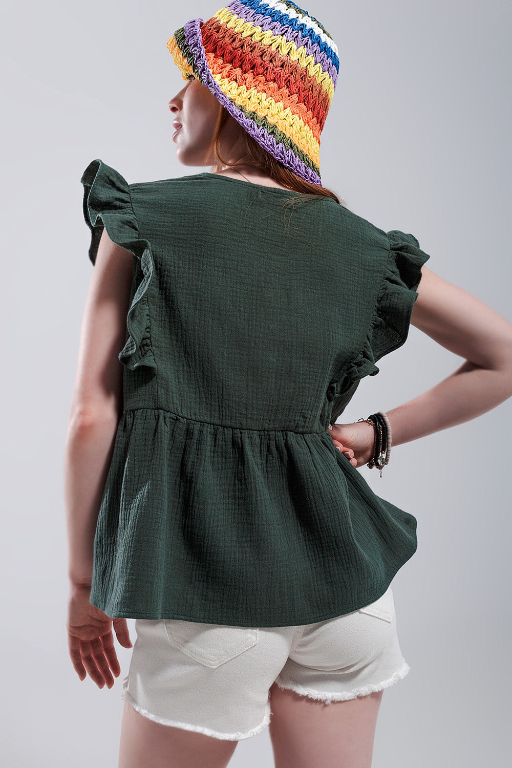 Cotton tank top with ruffle sleeves in khaki - Tank Tops