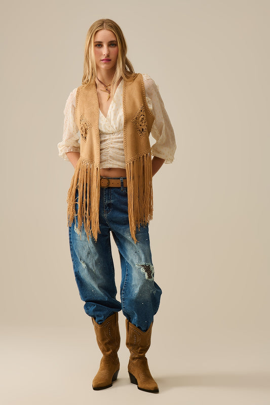Cowgirl Style Fringe Faux Suede Vest in Camel - Vests