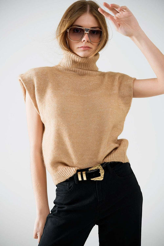 Cozy turtleneck sleeveless sweater in camel - Jumpers