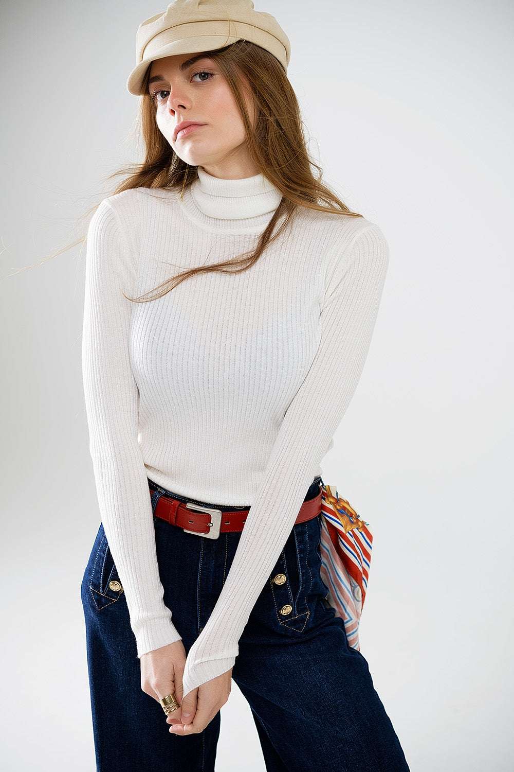 Cream basic ribbed sweater with high neck - Jumpers