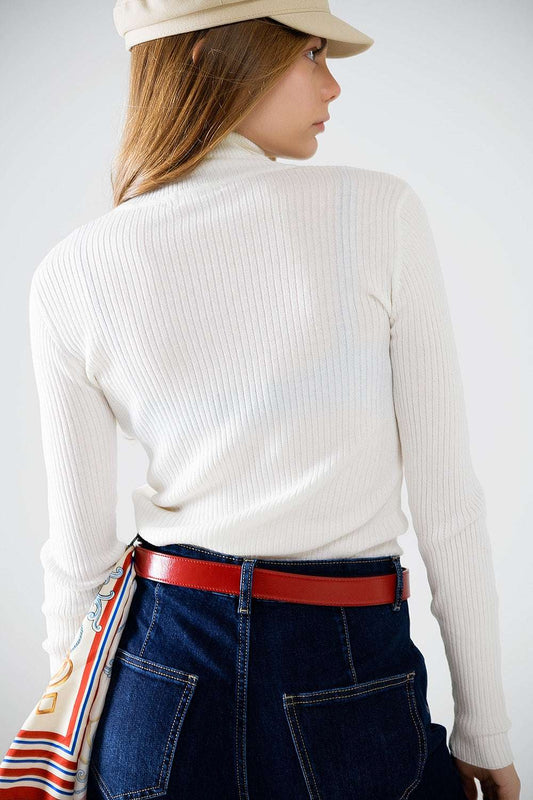 Cream basic ribbed sweater with high neck - Jumpers
