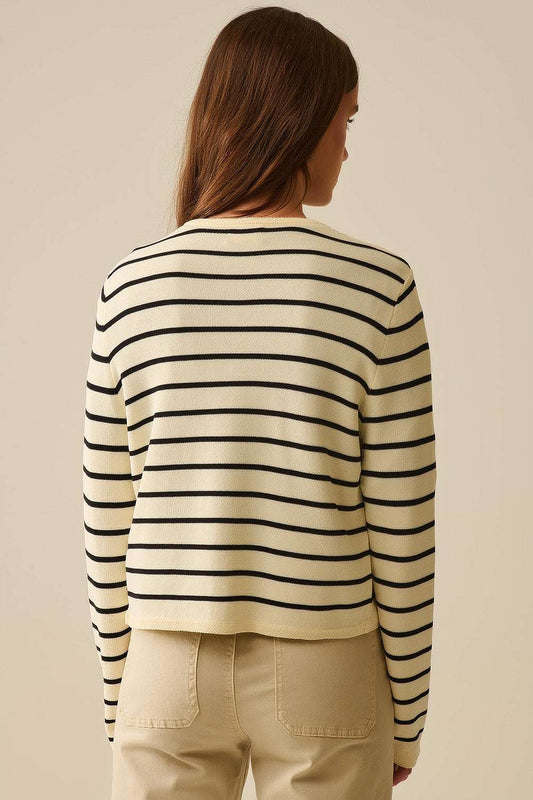 Cream Cardigan with Black Stripes and Gold Buttons - Cardigans
