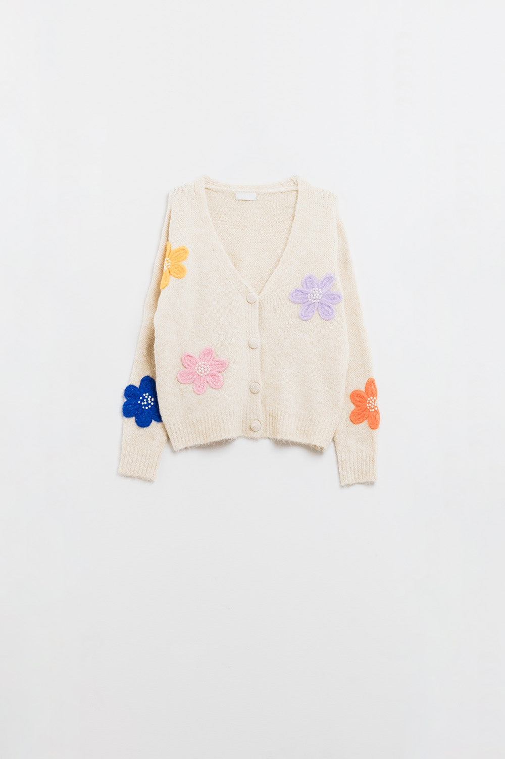 Cream Cardigan With EMbroidered Flowers - Cardigans