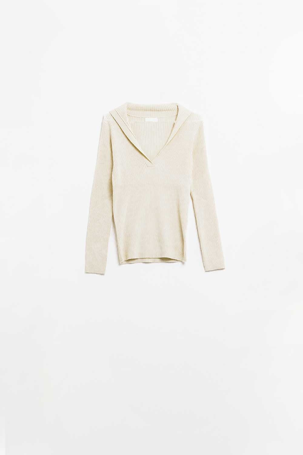 cream Collared Rib sweater With Long Sleeves - Jumpers