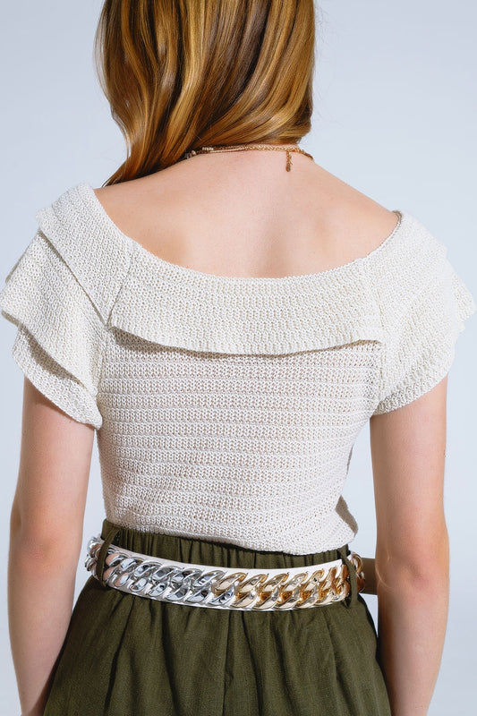Cream Croched Short Sleeve Sweater With Boat Neck - Jumpers