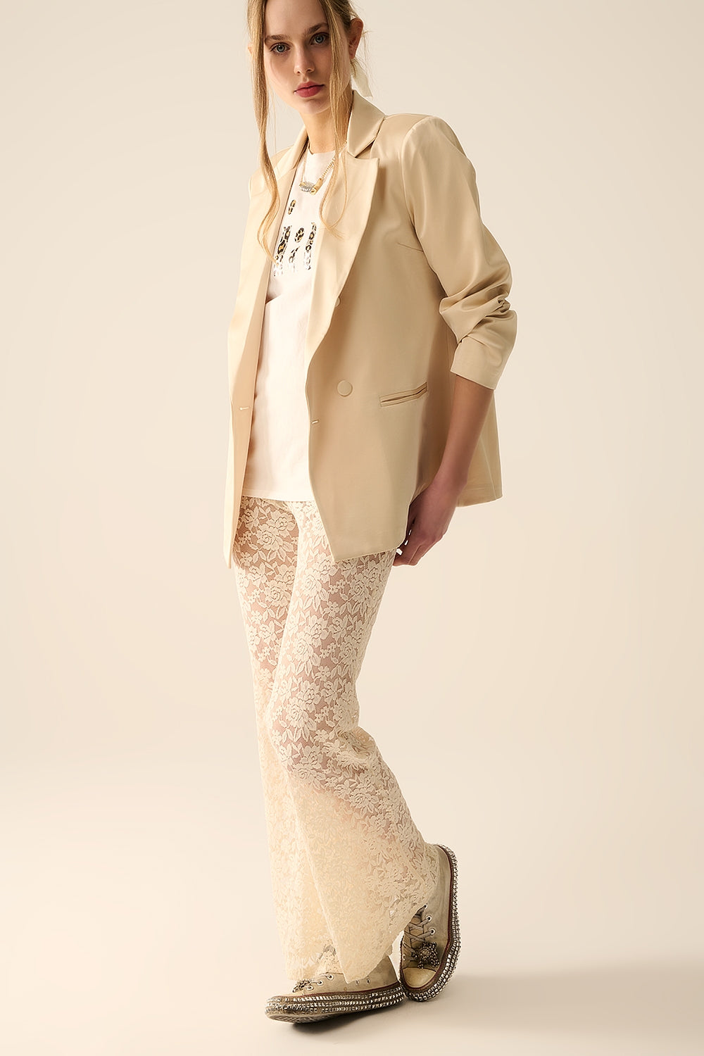 Cream flare Pants in Floral Lace - Trousers