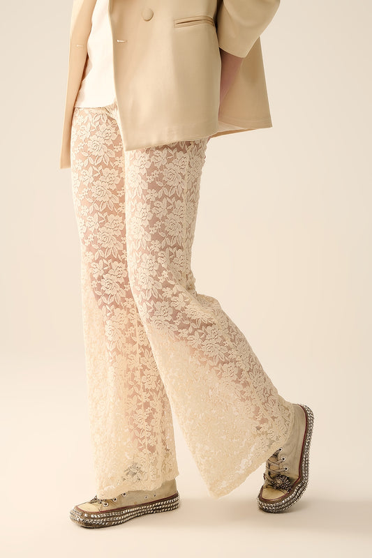 Cream flare Pants in Floral Lace - Trousers