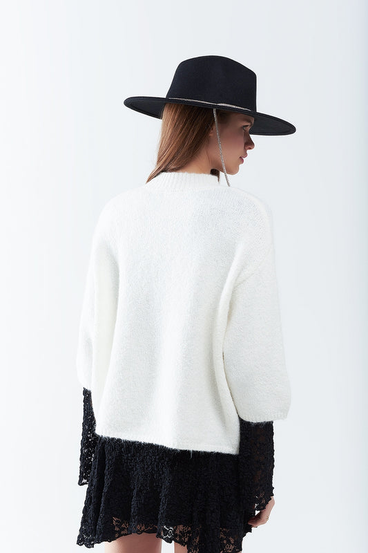 cream Fluffy sweater with three-quarter sleeves and round neck - Jumpers