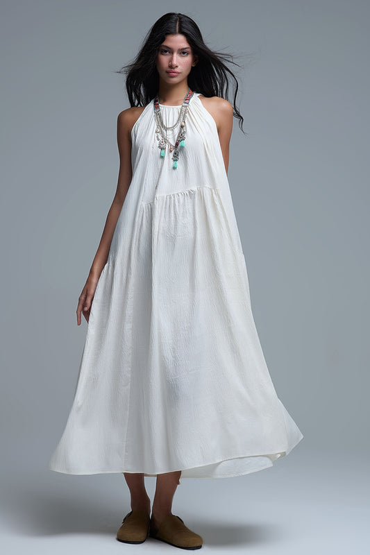 Cream Halter Neck Maxi Dress With Seam Detailing - Dresses